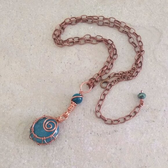 Hand Crafted Jewelry - Teal Blue & Copper Statement Necklace ~ Uniquely Wire Wrapped Apatite Pendant